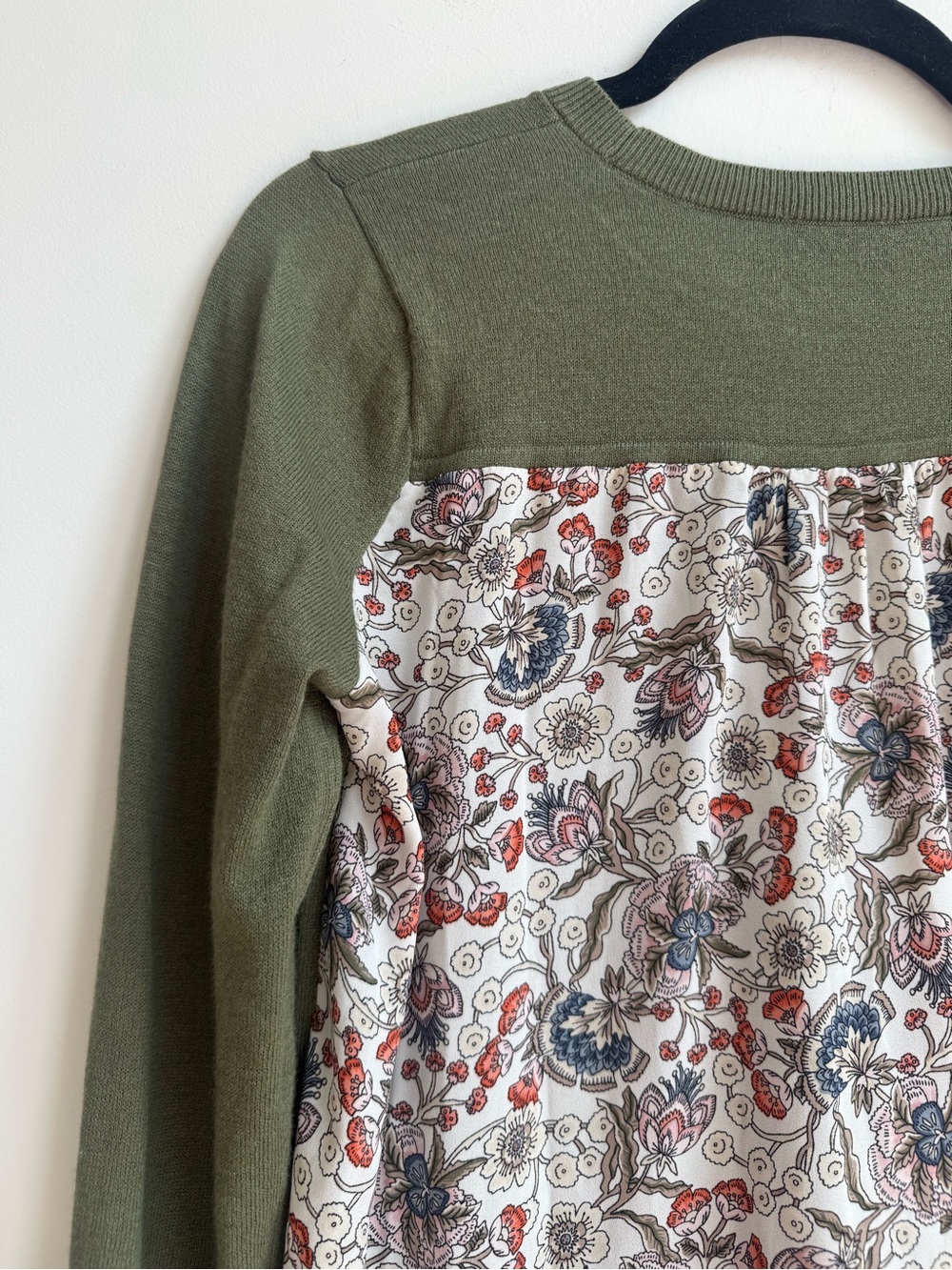 LOFT Olive Green Crewneck Sweater with Floral Layered Hem - Picture 10 of 13